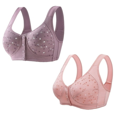 2PC Women Wireless Bras Comfort Back Support Floral Lace Bra Adjustable Wider Straps Full Coverage Lift Up Minimizer Bras Pink 3 40C