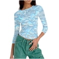 thumbnail image 2 of Womens Slim Fit T-shirts 3/4 Sleeve Crewneck Plus Size Y2k Crop Tops Graphic Base Tee Shirt S-3X Casual Spring (L, Light Blue|Floral), 2 of 7
