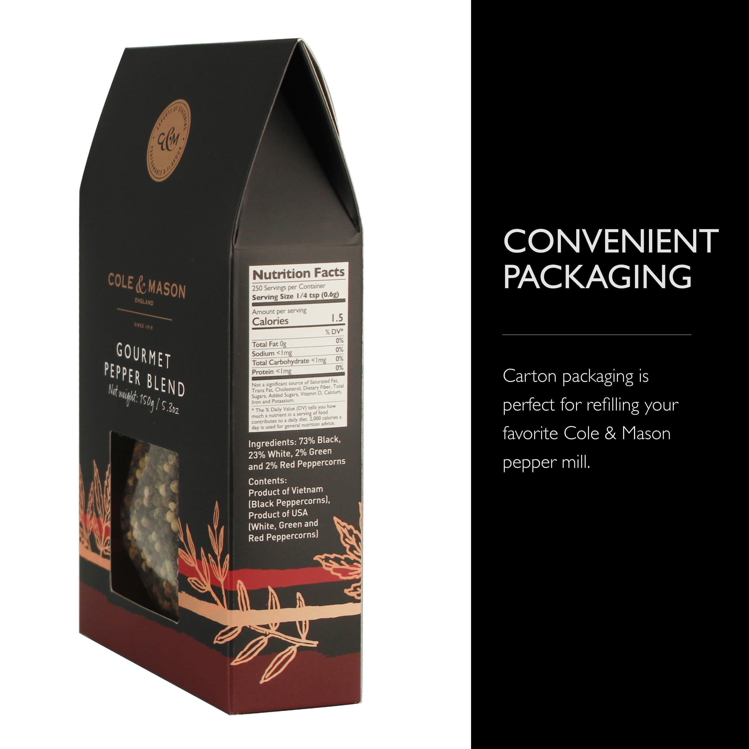 Cole & Mason Gourmet Spice Refill Box - Pairs Well with Chicken, Beef, Pork & More - Peppercorn Refill for Pepper Mill Grinder - Gourmet Pepper 5.3 Oz Box