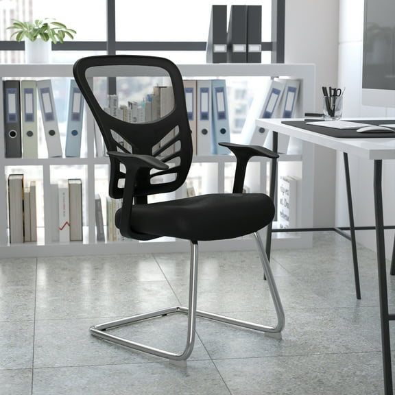 Emma   Oliver Black Mesh Side Reception Chair with Chrome Sled Base - Conference Room Chair