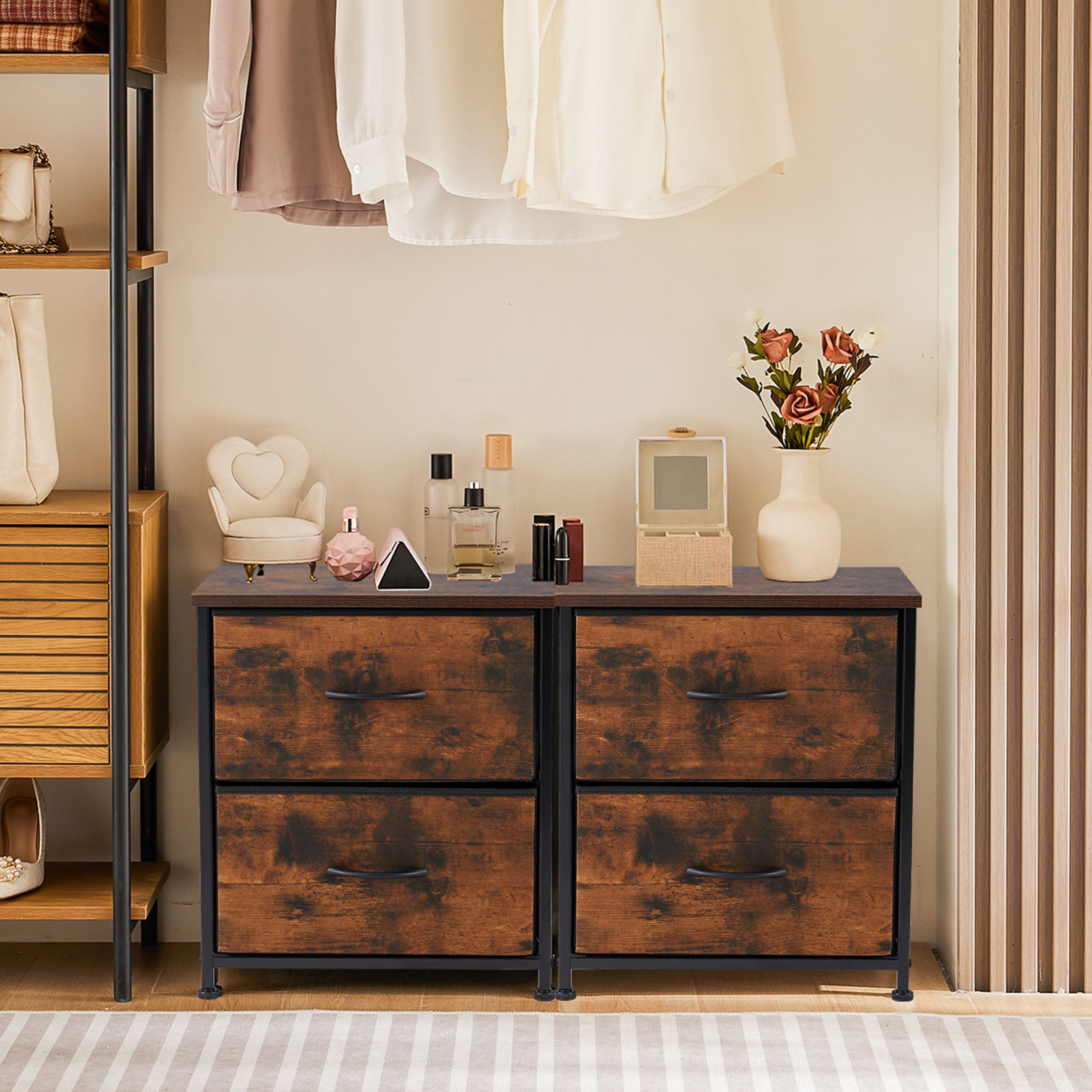 JOINSUN Bedside Table set of 2, Side Table, Fabric Narrow Drawer Cabinet, Chest of Drawers, Industrial Style for Living Room and Bedroom, Rust