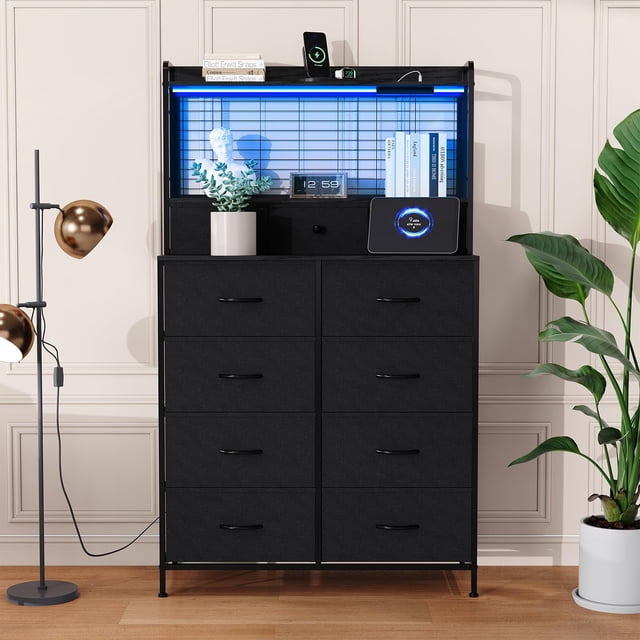Commode Intelligente à 11 Tiroirs en Tissu avec Station de Recharge Intégrée, Recharge Sans Fil et Lumières DEL RVB, Conception Industrielle Anti-Basculement, Armoire de Rangement pour Chambre en Plusieurs Couleurs