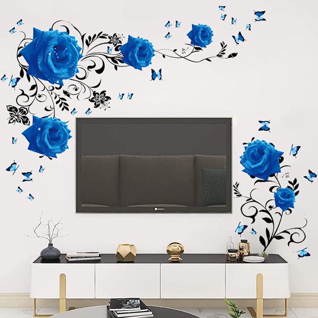 Pegatinas de pared de rosa azul, calcomanía de pared de vid de flor de rosa, decoración de pared floral de peonía azul, arte de pared de vinilo DIY para dormitorio, sala de estar, sofá, TV, telón de JAMW Sencillez