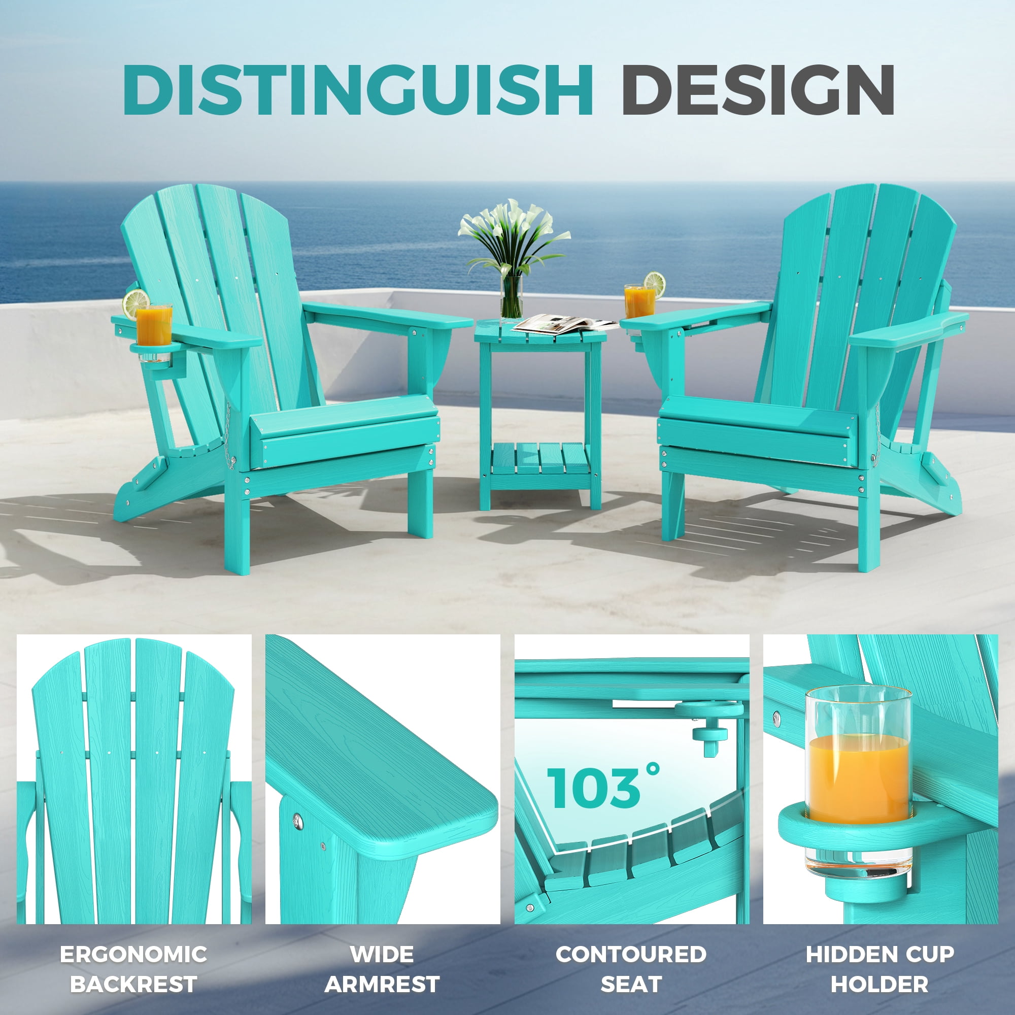 Folding Adirondack Chair Set of 2, Oversized HDPE Plastic Patio Chairs, Aqua