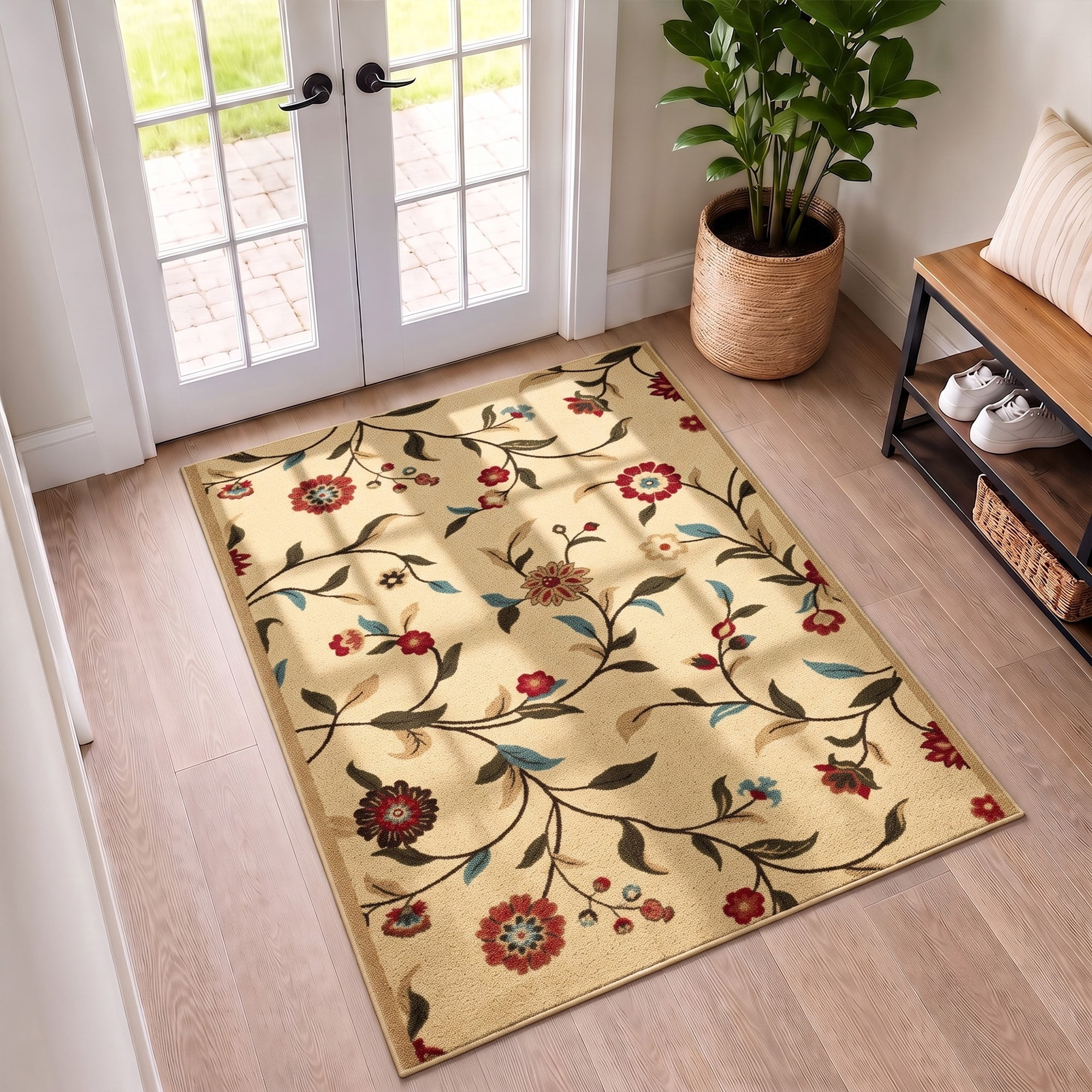 Ottomanson 2'7" x 5' Area Rug – Non-Slip Low Pile Stain Resistant Rug for Bedroom & Entryway, Floral Beige