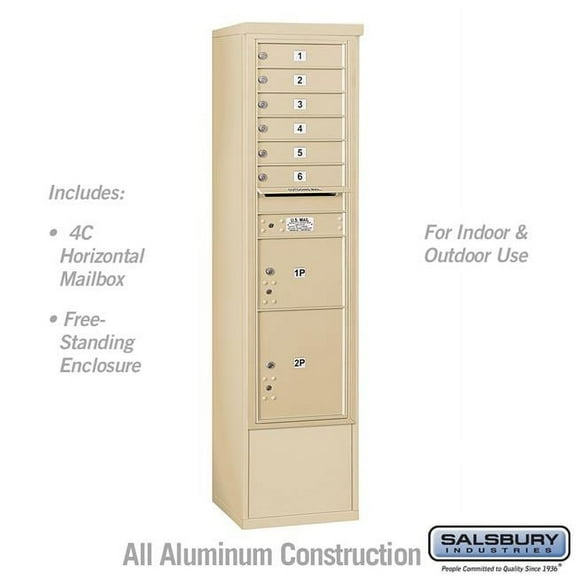 Salsbury Industries 17.75 x 72.125 x 18.5 in. Free-Standing 4C Horizontal Mailbox Unit - Front Loading - USPS Access, Sandstone