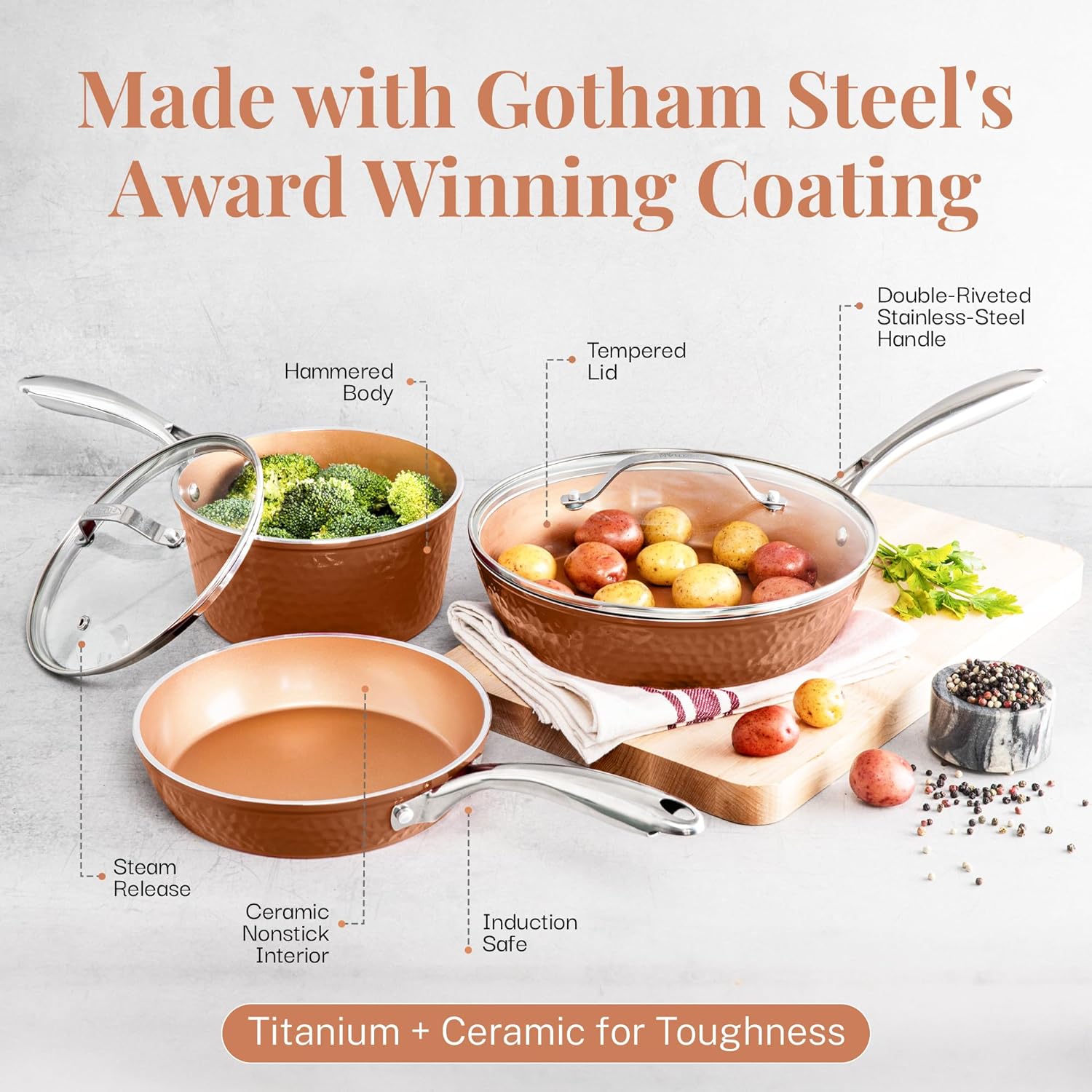 Gotham Steel 12-Inch Hammered Copper Nonstick Frying Pan with Lid photo 5