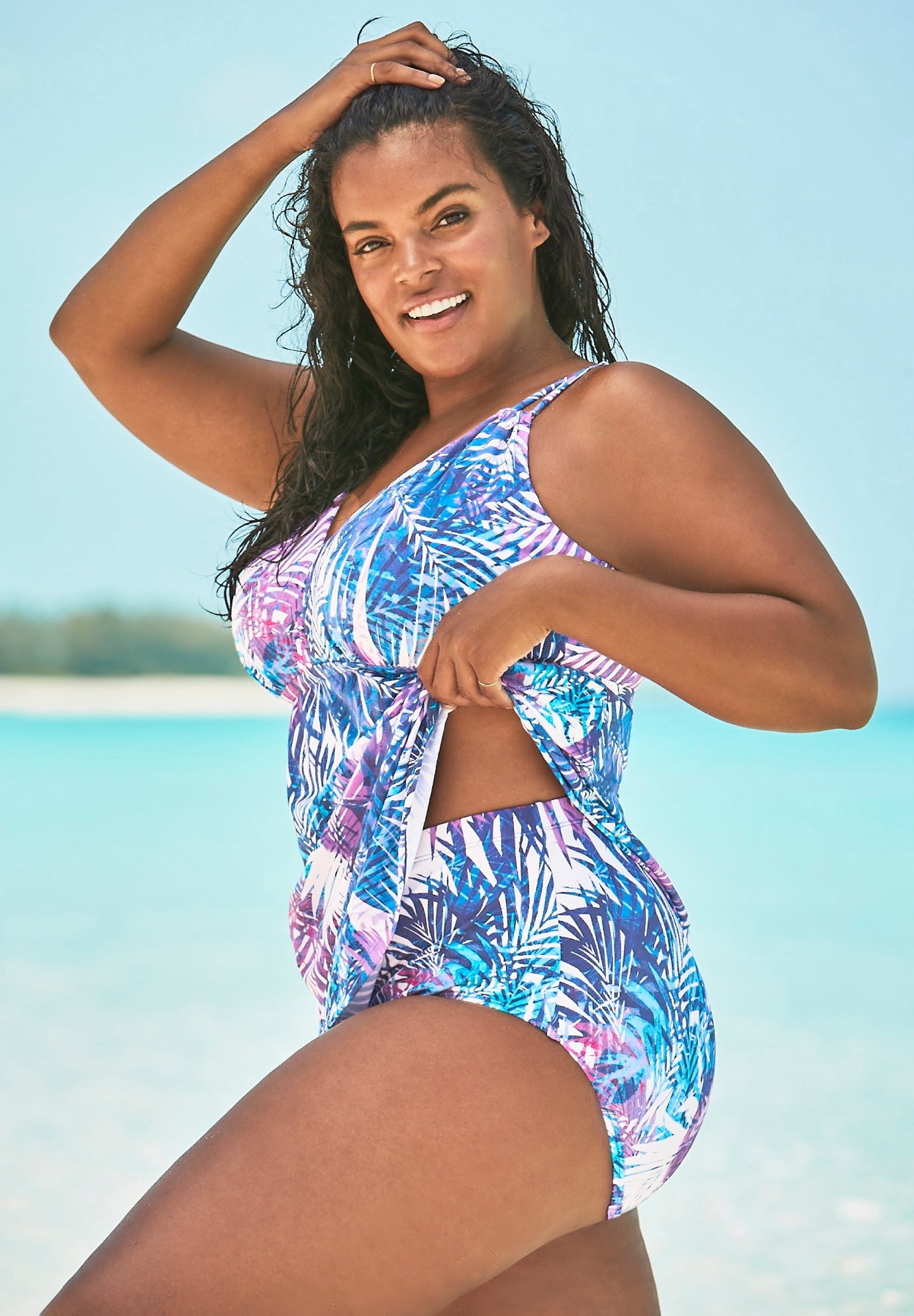 Swim 365 Women's Plus Size Loop-Strap V-Neck Tummy Control Two-Piece Swim Dress