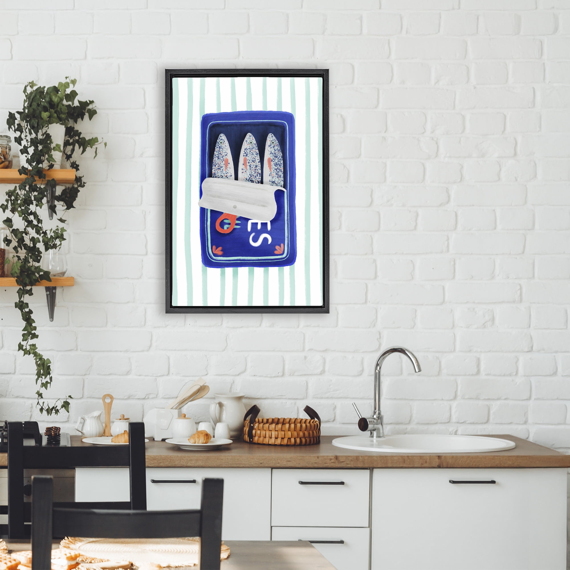 Stupell Industries Blue Sardines on Stripes Black Framed Floater Canvas Wall Art, design by Metka Hiti