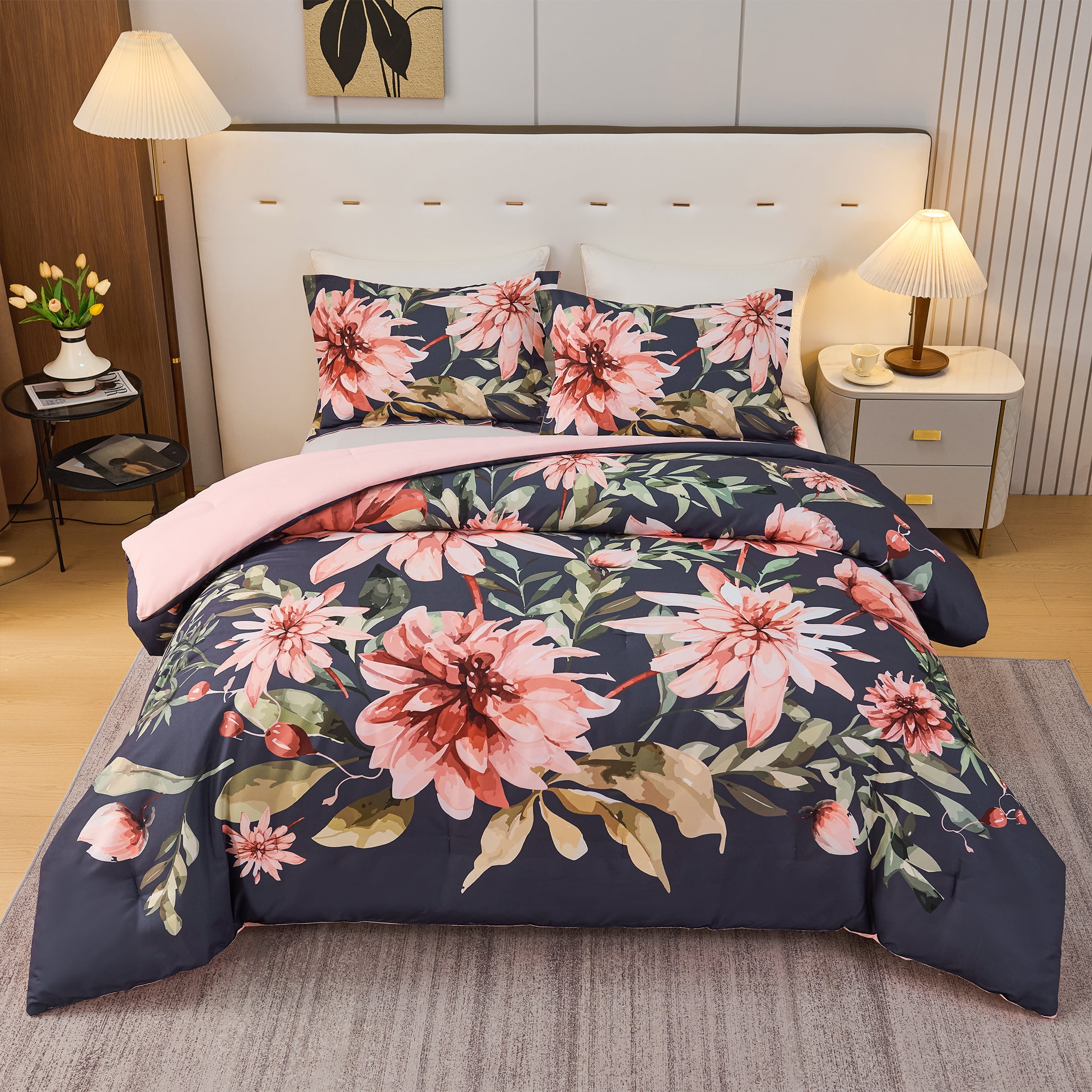 Koniroom Black and Pink Floral Comforter Set King Size – Reversible 3 Pieces Botanical Flower Bedding for All Seasons