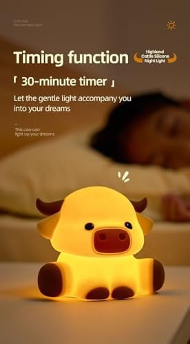Cute Highland Cow Night Light, Squishy Highland Cow Novelty Animal Lamp, 3 Level Dimmable Nursery Nightlight with Timer, Food Grade Silicone Touch Night Light Fun Gifts for Kids Boys Girls Baby