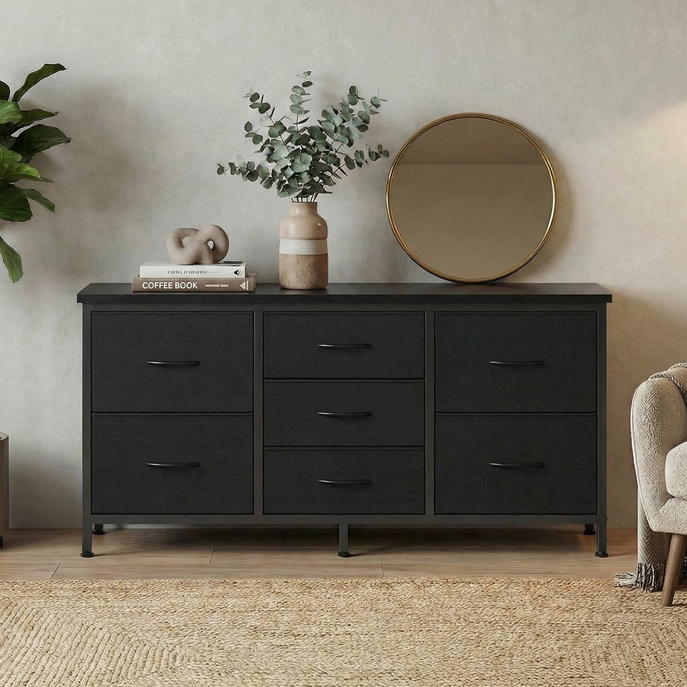 edx 7 Drawer Dresser for Bedroom, 47.2" Fabric Drawers with Wood Top Metal Frame, Wide Storage Organizer for Closet, Hallway & Living Room, Black