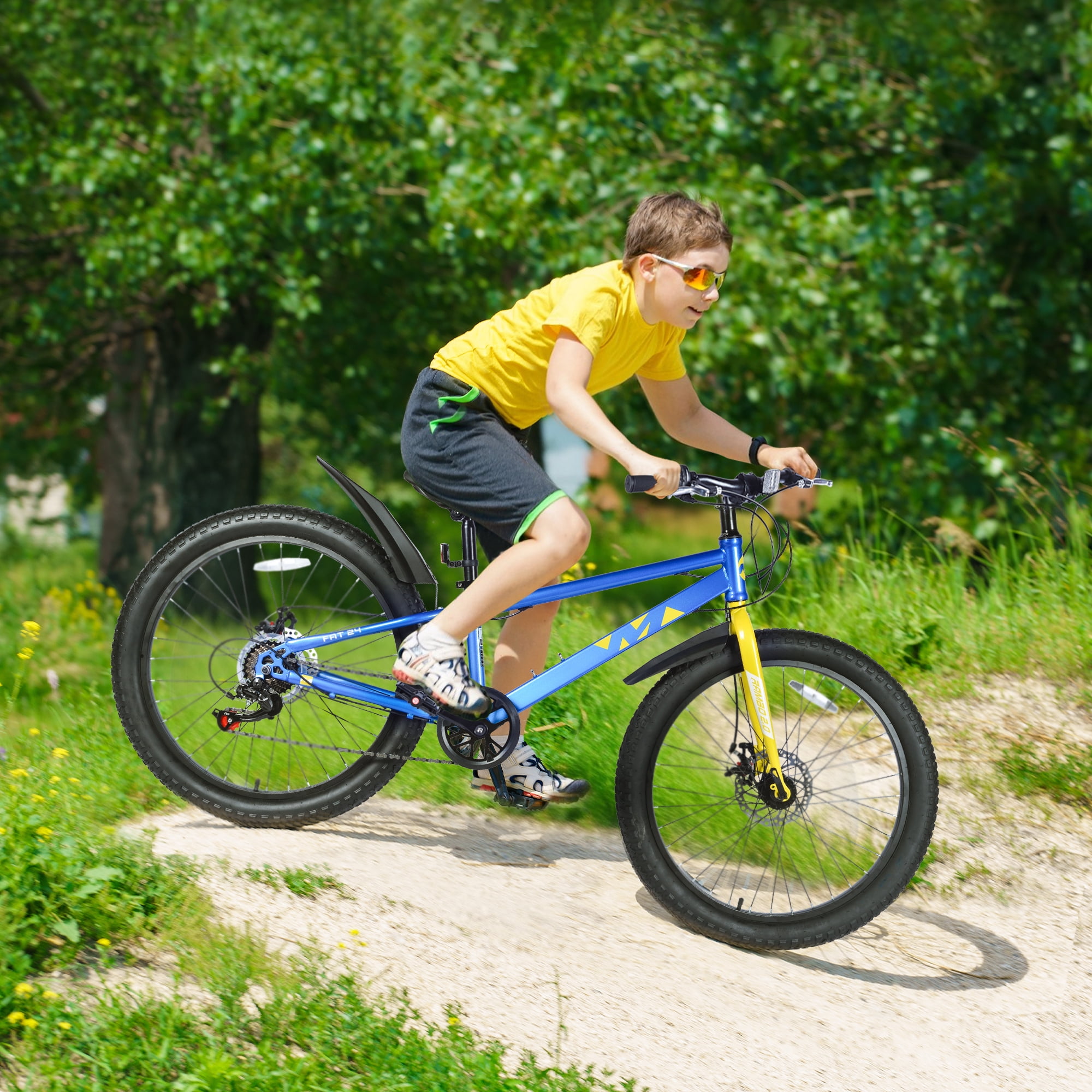 Zukka 24 inch Mountain Bike Fat Tire 7 Speed Hardtail Dual Disc Brake Hardtail Bicycle for Students Blue
