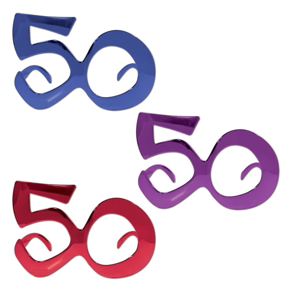 Beistle Pack of 6 Blue, Purple and Red ''50'' Birthday Fanci-Frame Eyeglass Party Favor Costume