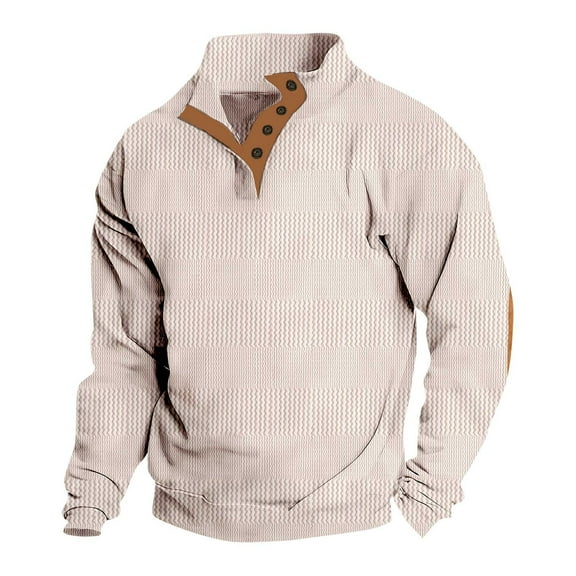 ZCFZJW Western Henley Sweatshirts for Men Big and Tall Regular Fit Casual Solid Color Textured Knit Long Sleeve 1/4 Button up Pullover Sweater Tops with Elbow Patch Beige L