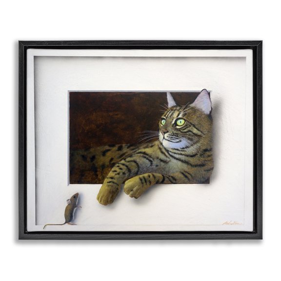 Stupell Industries Traditional Manx Cat Resting Curious Mouse Peering Illusion Black Floating Frame Canvas Art, 21 x 17, by Alan Weston