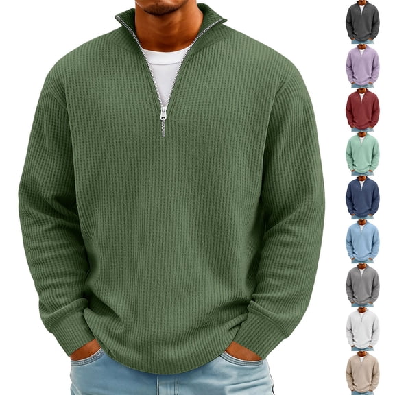 Men's Vintage Waffle Knit Long Sleeve Zip Up Stand Collar Casual Shirt for Spring Fall Street Fashion,Army Green,L