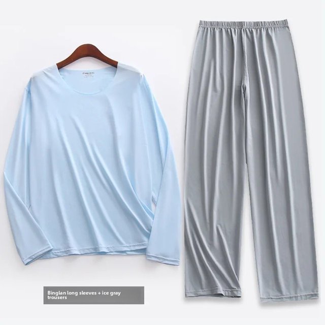 Conjunto de pantalones de dormir ultrafinos de manga larga de seda helada para hombre, ropa para el hogar para primavera y verano, pantalones largos de nueve puntos, traje camisón