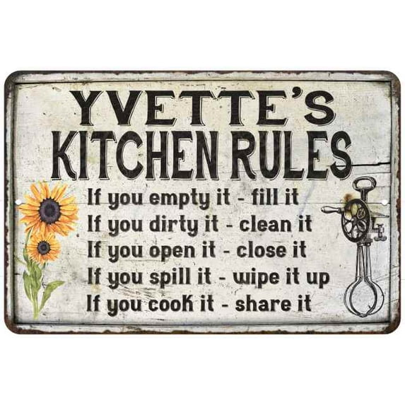 Yvette's Kitchen Rules Chic Sign Vintage Décor 8 x 12 Matte Finish Metal 108120032351