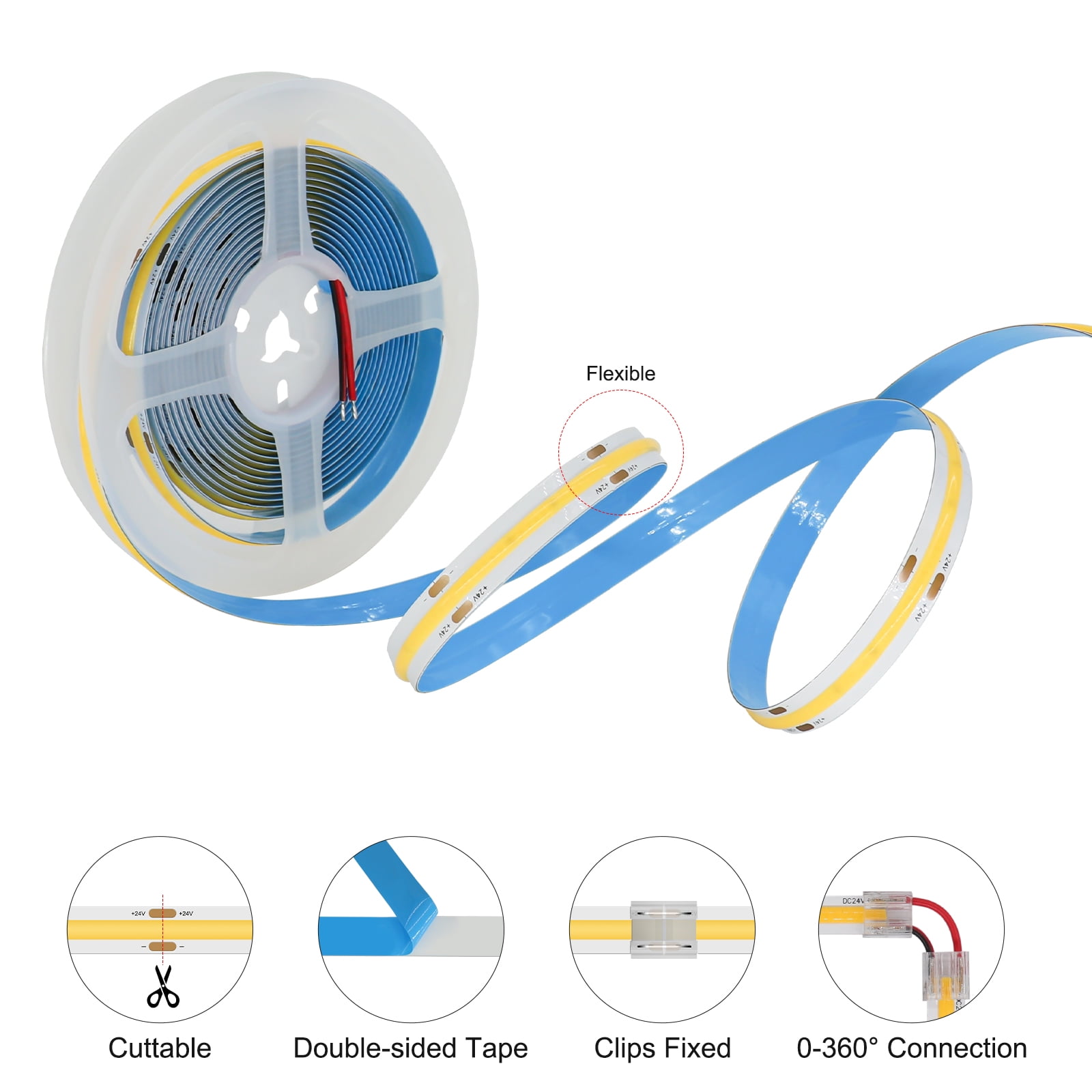 COB LED Strip Light 16.4ft 12V, 3000K Warm White, 528 LEDs/m, High Brightness, 10mm Flexible LED Tape for Indoor DIY Lighting(No Adapter&Controller)