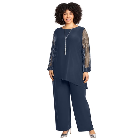 Catherines Women's Plus Size 2-Piece Beaded Mesh Sleeve Pant Suit