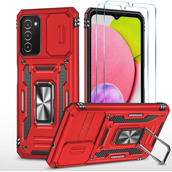 for Samsung Galaxy A03s Case Set, with 2 Screen Protector, Built-in Stand and Slide Camera Cover Phone Case, Military-Grade Protection, Shockproof, Scratch-Resistant, Red