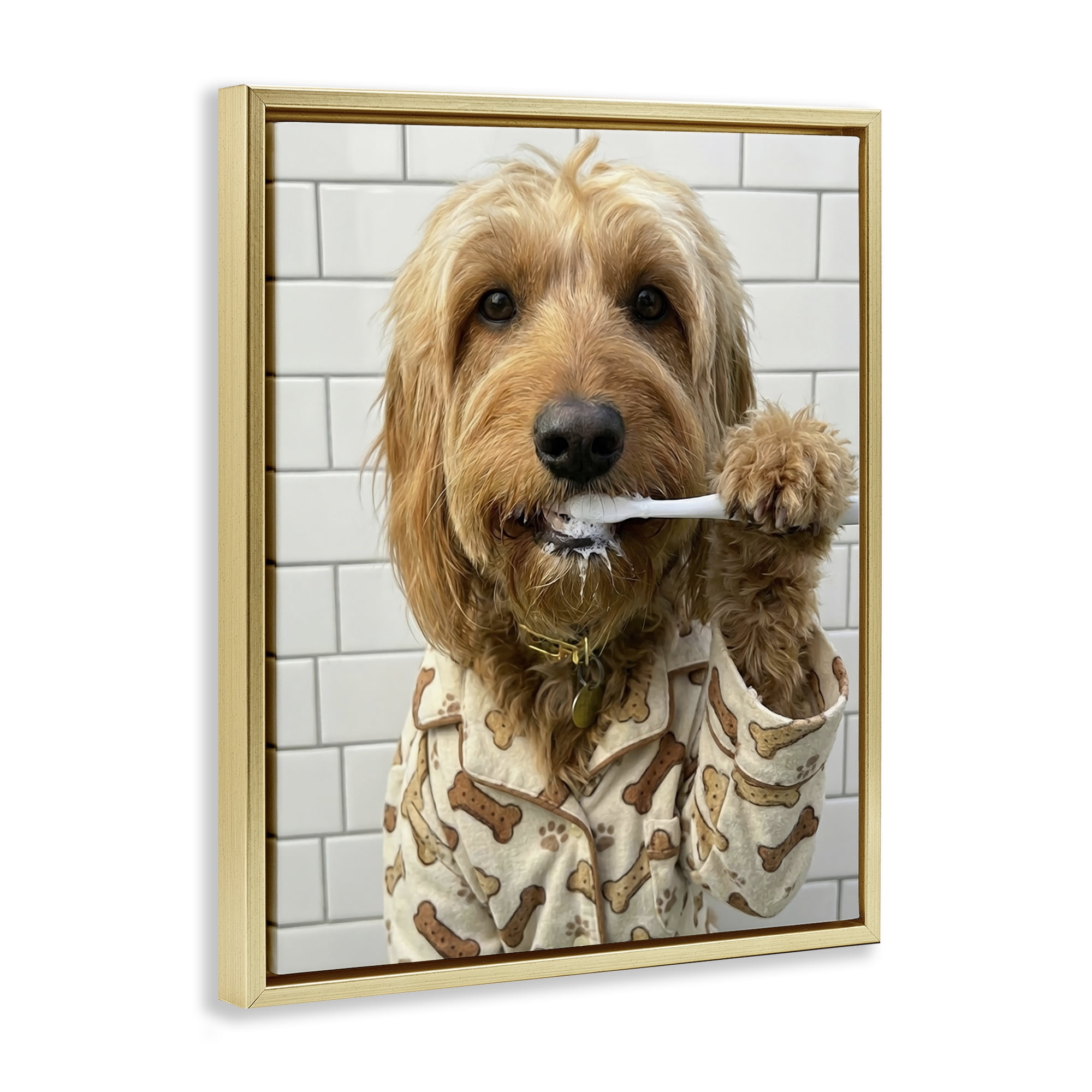 Stupell Industries Realistic Dog Brushing Teeth Gold Framed Floater Canvas Wall Art, design by Abigail Walker