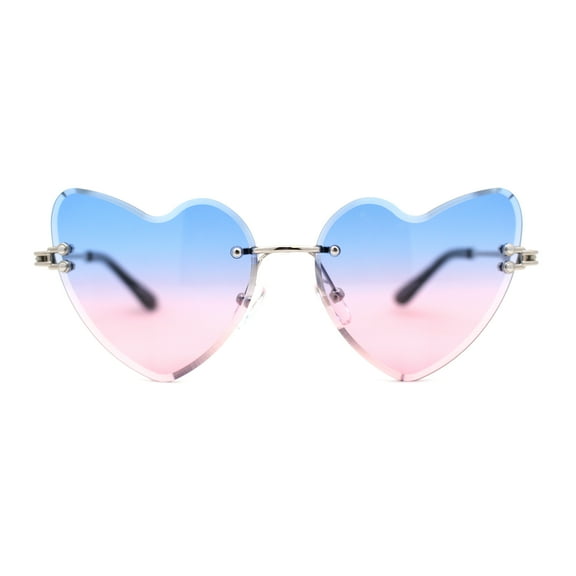 Womens Gothic Luxe Rimless Beveled Lens Cat Eye Heart Sunglasses Silver Blue Pink