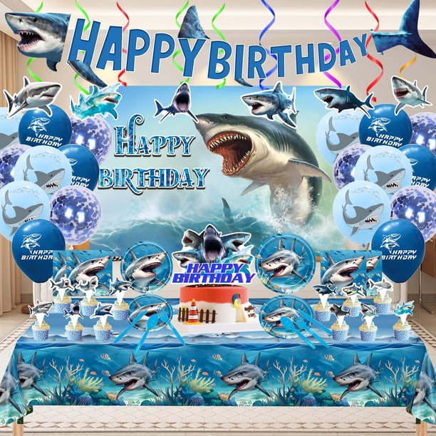Artículos de fiesta para fiesta de cumpleaños de tiburones con pancarta, telón de fondo y más