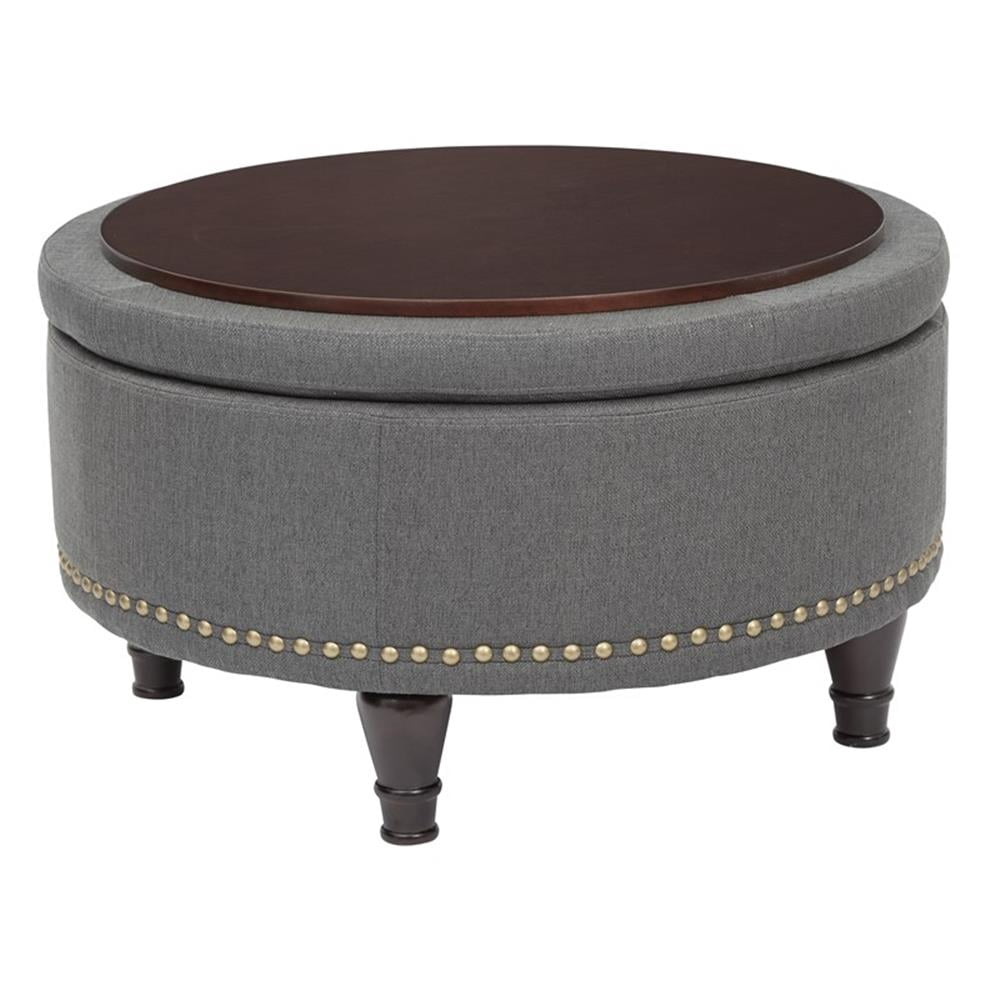 Pemberly Row Modern Round Storage Ottoman in Klein Charcoal Fabric