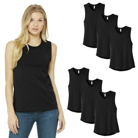 BELLA   CANVAS Women’s Jersey Muscle Tank Top, Relaxed fit Sleeveless Cotton Tee, Black, 6-Pack, S