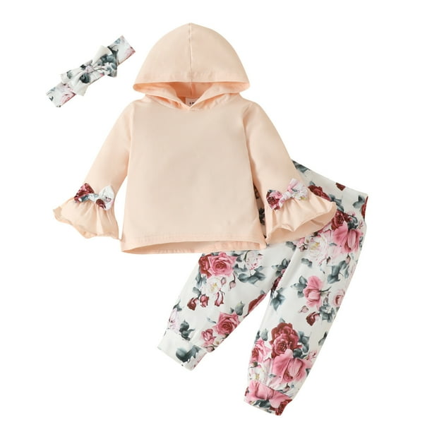 Gibobby Conjunto con capucha para niño Ropa infantil para niñas pequeñas, pijamas, Tops de flores, pantalones con diadema, conjunto de ropa para bebés(Blanco,3-6 Meses)