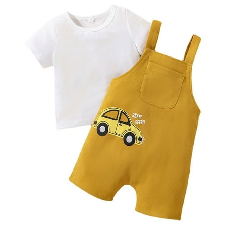 

Newborn Baby Boys Clothes Jumpsuit Infant Boys Romper 2PCS Outfits Short Sleeve Tops Overall Pants Set Yellow 3-6 Months