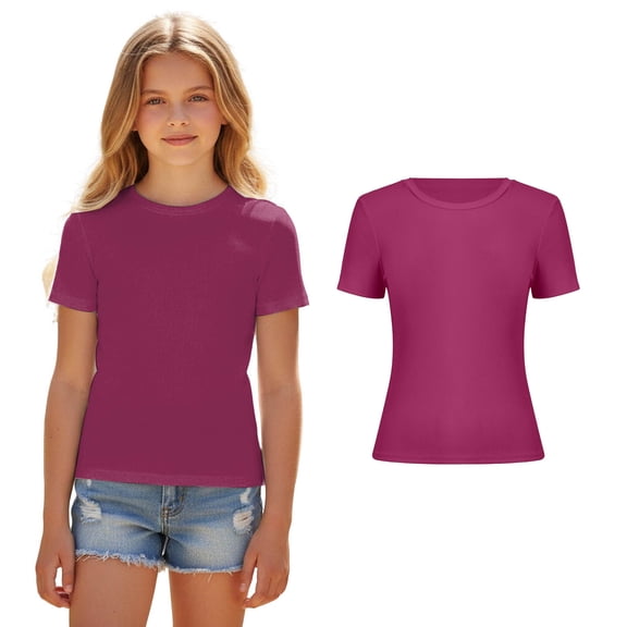 Girls Tshirts Girls Short Sleeve Pink Shirt Crew Neck Ribbed Knit Girls Basic Tees Kids Clothes Girls Size 9-10 Years