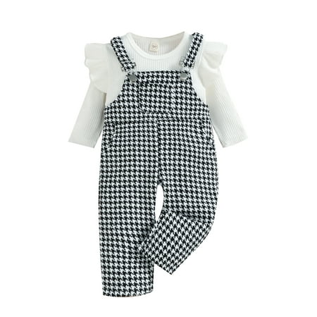 

Toddler Girls 2PCS Outfits Solid Color Knitted Ribbed Fly Long Sleeve Tops + Houndstooth Bib Pants Overalls Set