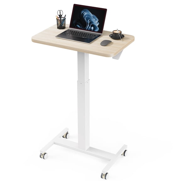 CHITOOMA Small Rolling Standing Desk, Wider Height Adjustable Mobile Desk with 4 Lockable Wheels, Portable Sit-Stand Workstation for Bedside & Sofa, Light Walunt