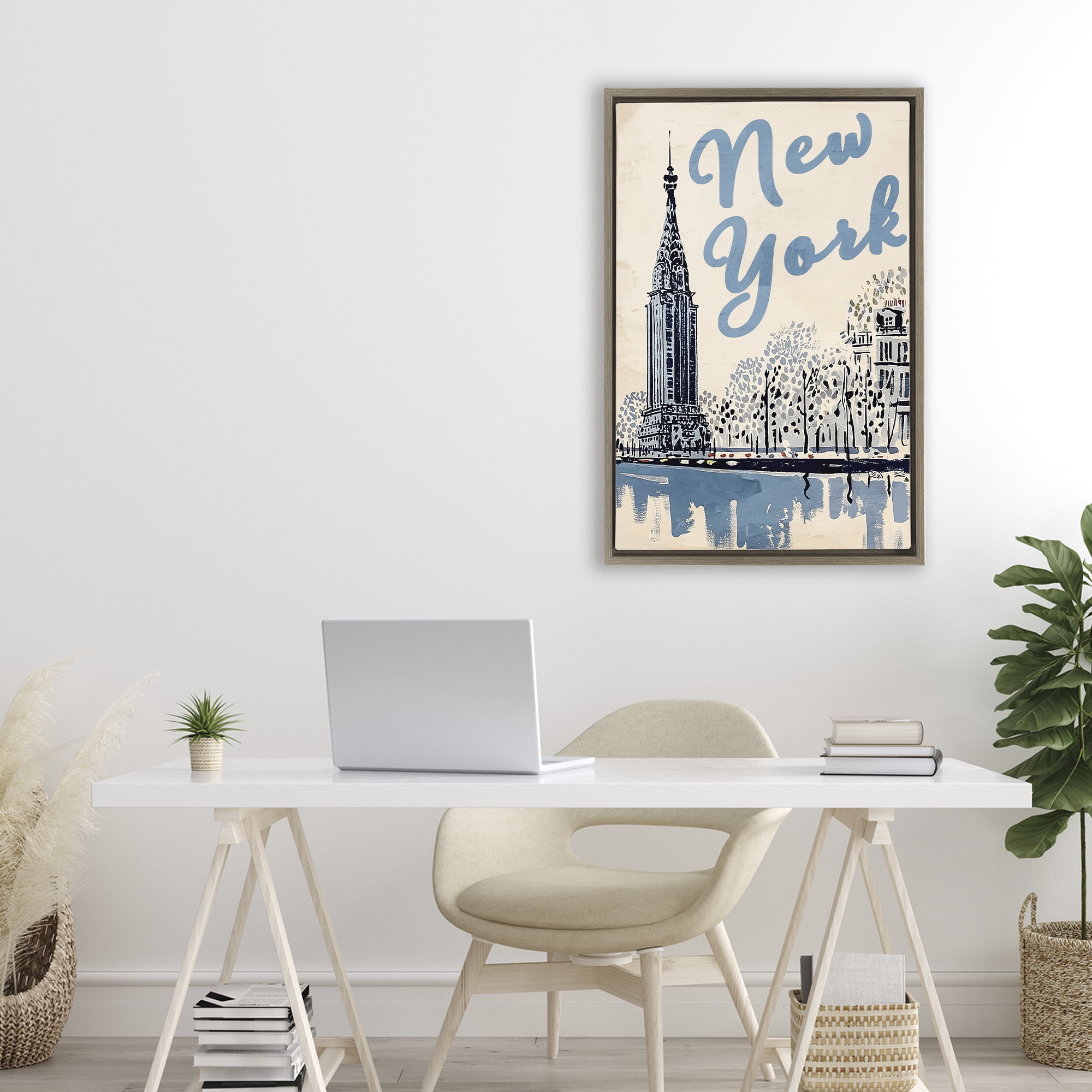Stupell Industries Blue & Beige New York Travel Brown Framed Floater Canvas Wall Art, design by Annabelle Hall