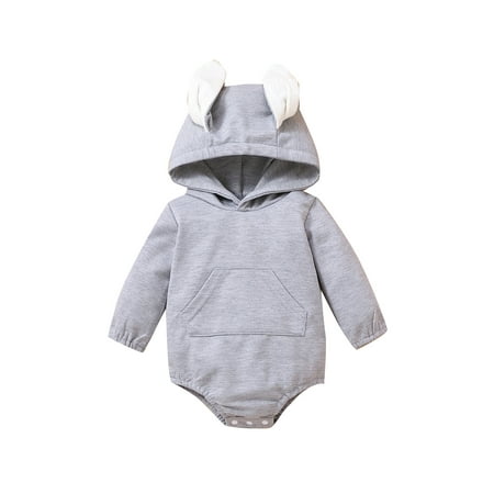 

WPNAKS Baby Romper Contrast Color Rabbit Ear Long Sleeve Hooded Bodysuit for Spring Autumn Gray 0-24 Months
