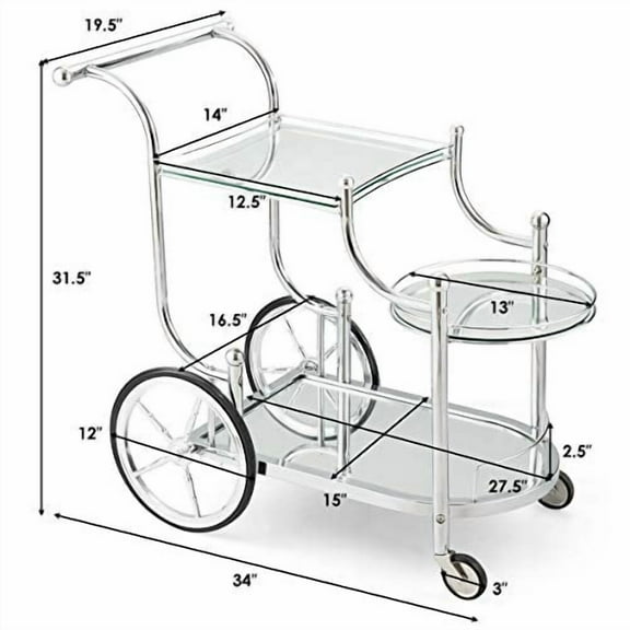 DORTALA Rolling Serving Cart, 3-Tier Metal Bar Cart with Tempered Glass, 4 Wheels Tea Serving Bar Cart for Livingroom, Kitchen, Silver