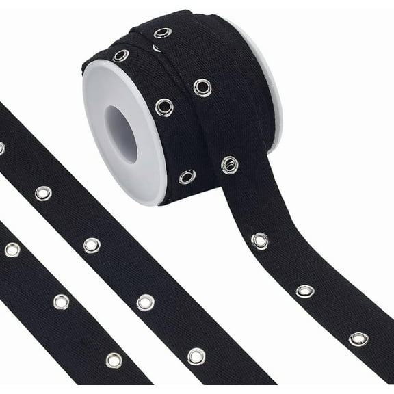 8Yards Black Cotton Grommet Eyelet Twill Tape 1 inch Wide Metal Eyelet Ring Ribbon Strip
