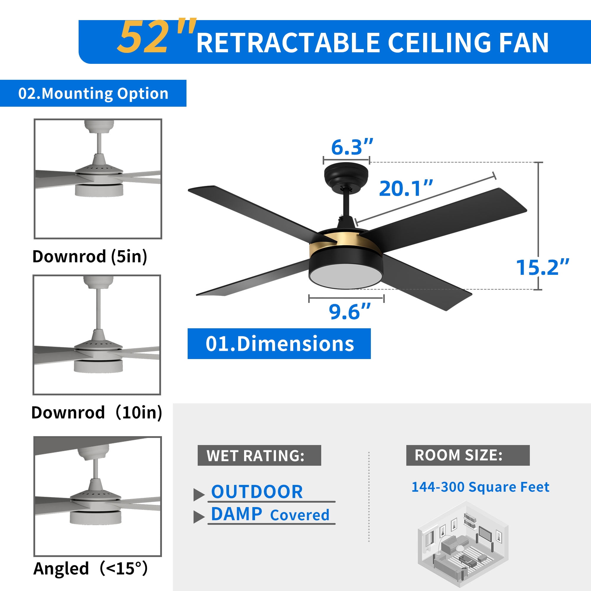 Dextrus 52in Ceiling Fan with Light and Remote, 3 Colors Light Changing, 3 Speed, 4 Blades,Reversible Airflow for Outdoor/Indoor, Black & Gold