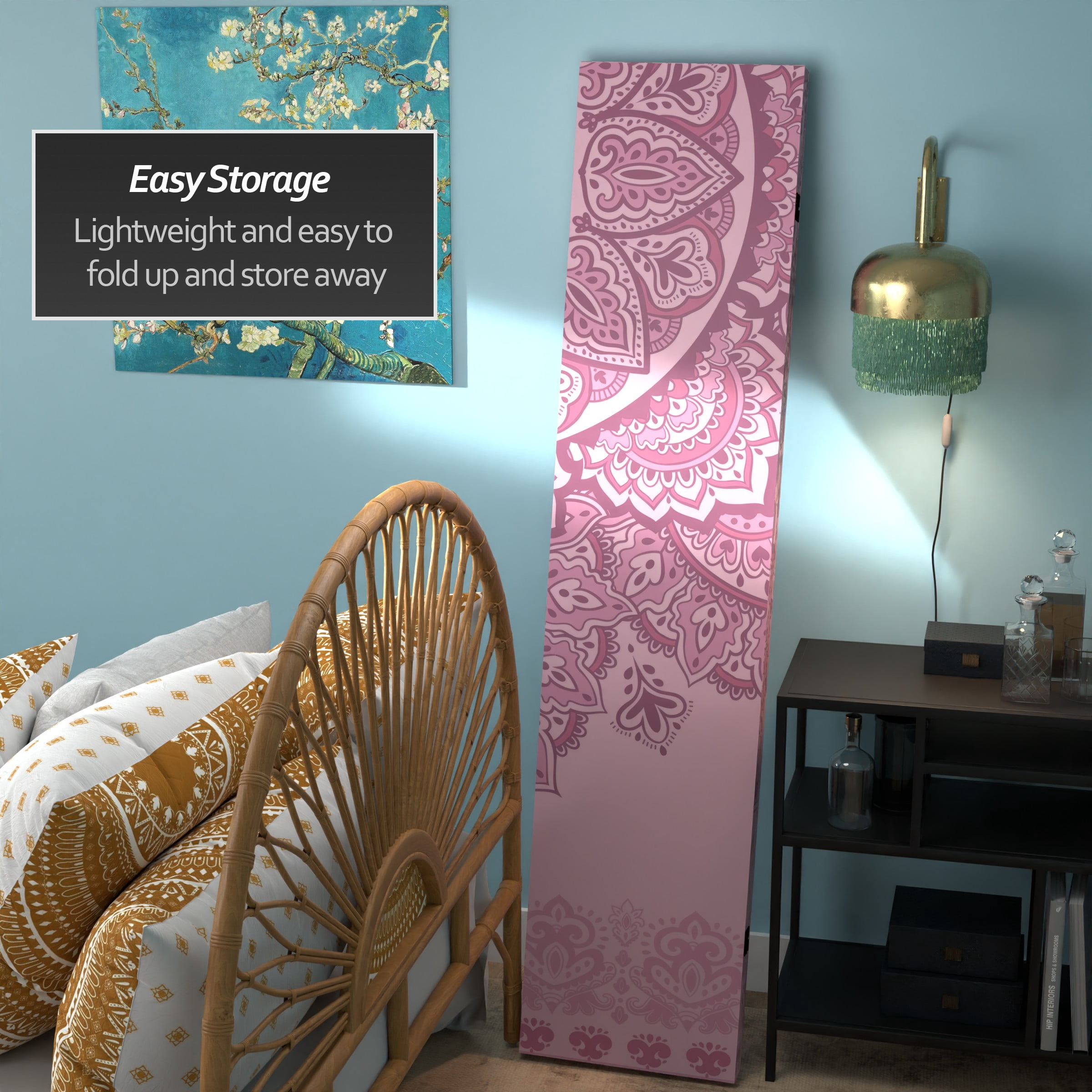 Red Lantern 6 ft. Tall Double Sided Pink Mandalas Freestanding Canvas Room Divider