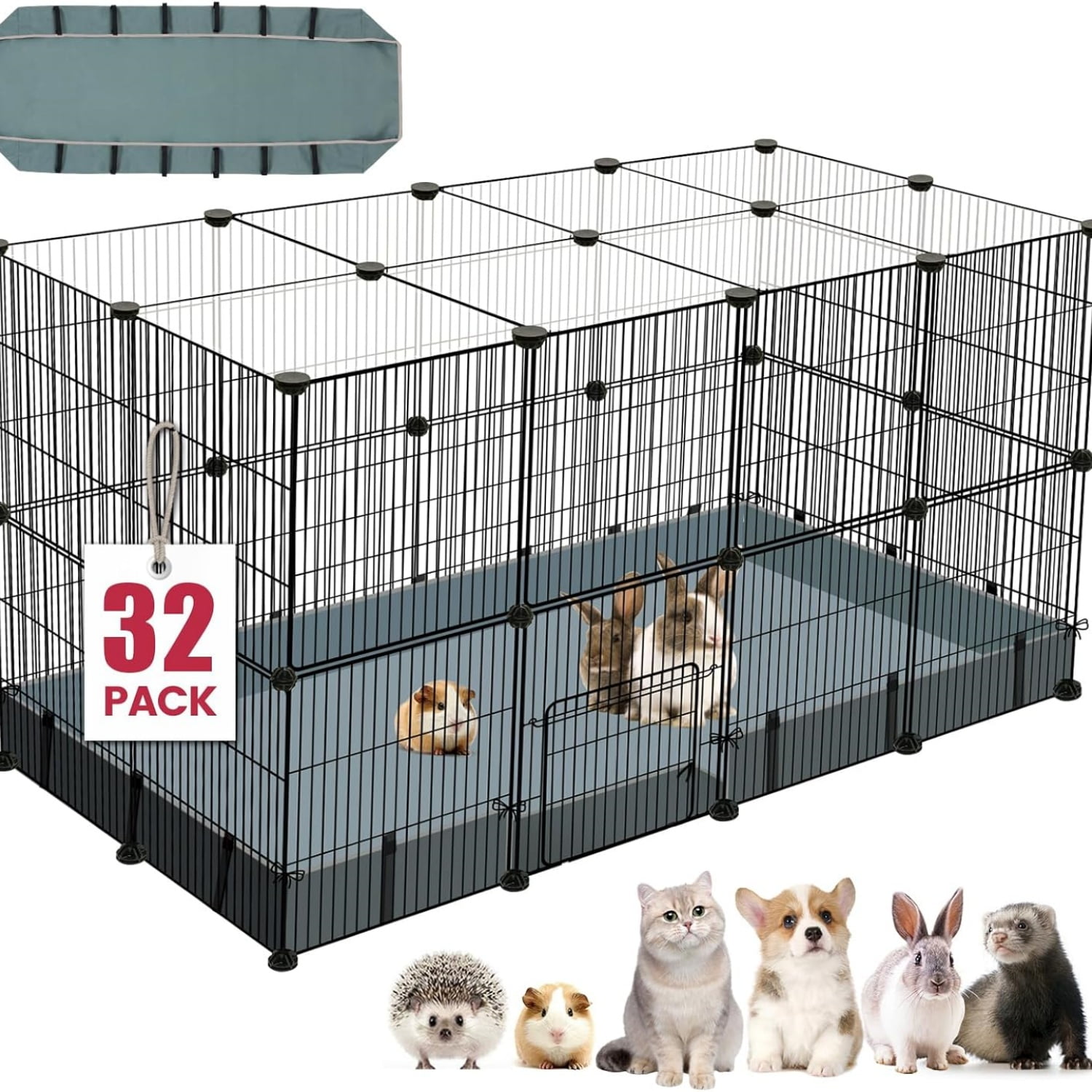 32 Panels Small Animal Playpen, Pet Playpen with Upgrade Waterproof Mat,C&C Cage for Guinea Pigs, Rabbit/Bunny Cage, Bunny/Puppy Play Pen, Indoor Outdoor Portable Metal Fence