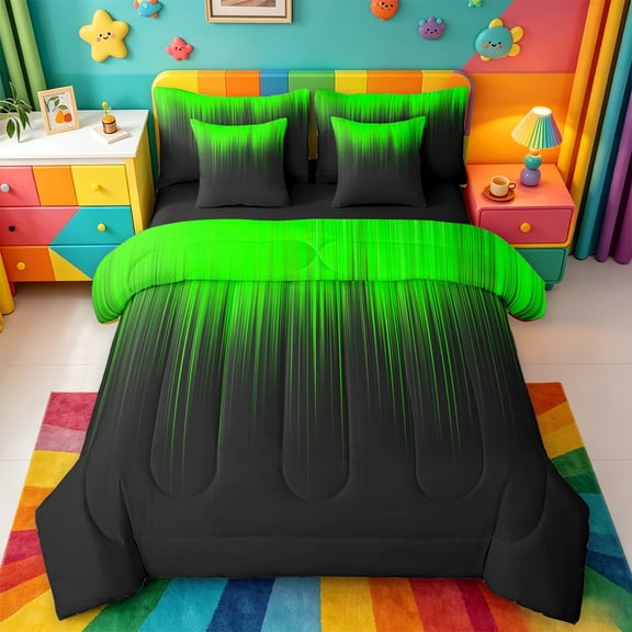 meiyoeat line Geometric Print 7-Piece Twin Bedding,Black Green Neon Striped Bedding Comforter Set,Reversible