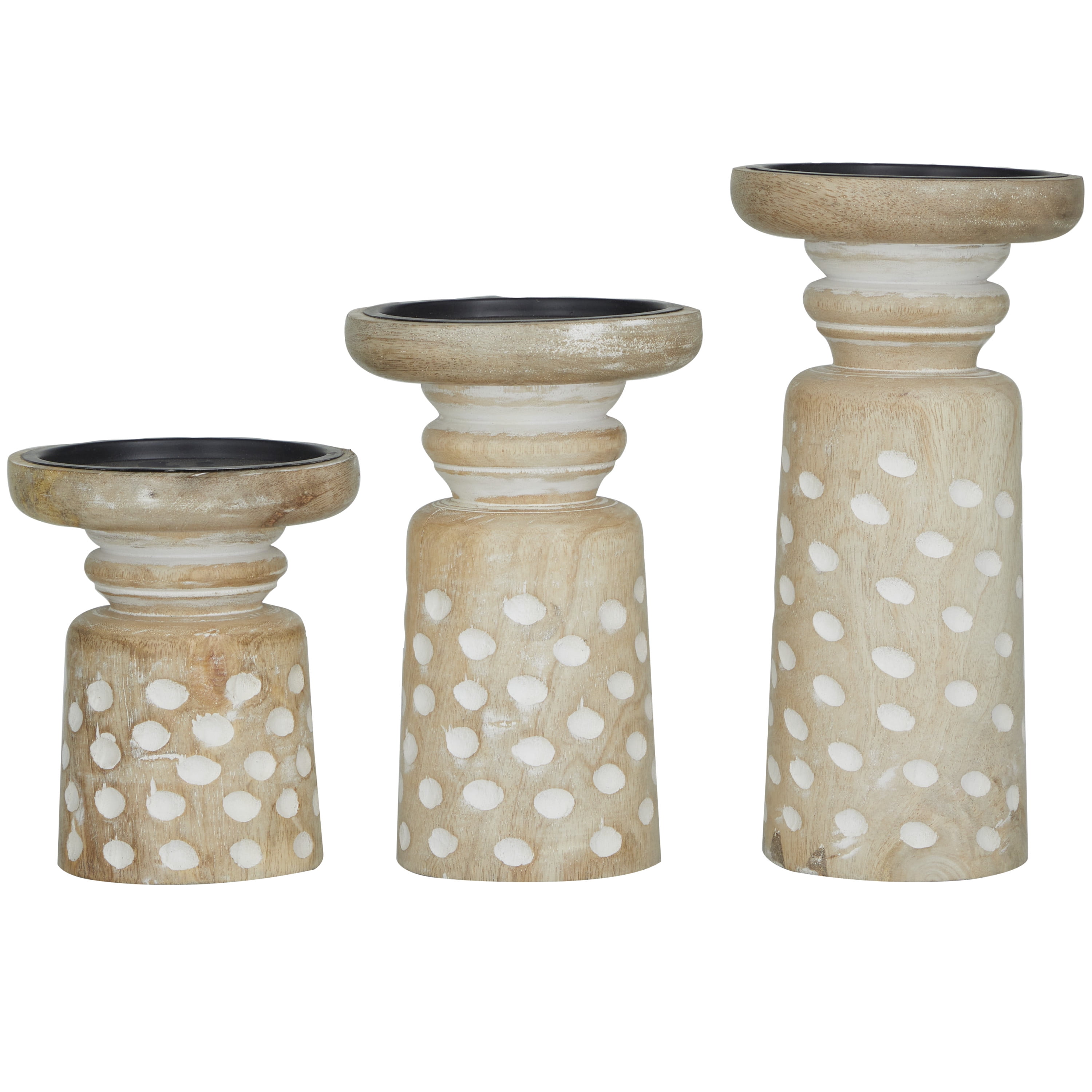 DecMode 3 Candle Light Brown Mango Wood Round Carved Dotted Pillar Candle Holder, Set of 3