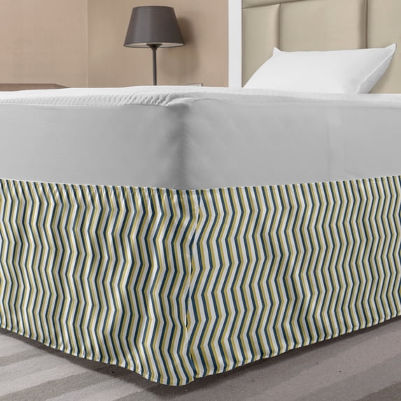 Chevron Bed Skirt, Vertical Zigzags Demonstration Repeating Lines Pastel Color, Elastic Bedskirt Dust Ruffle Wrap Around for Bedding Decor, 4 Sizes, Slate Blue Pale Green, by Ambesonne