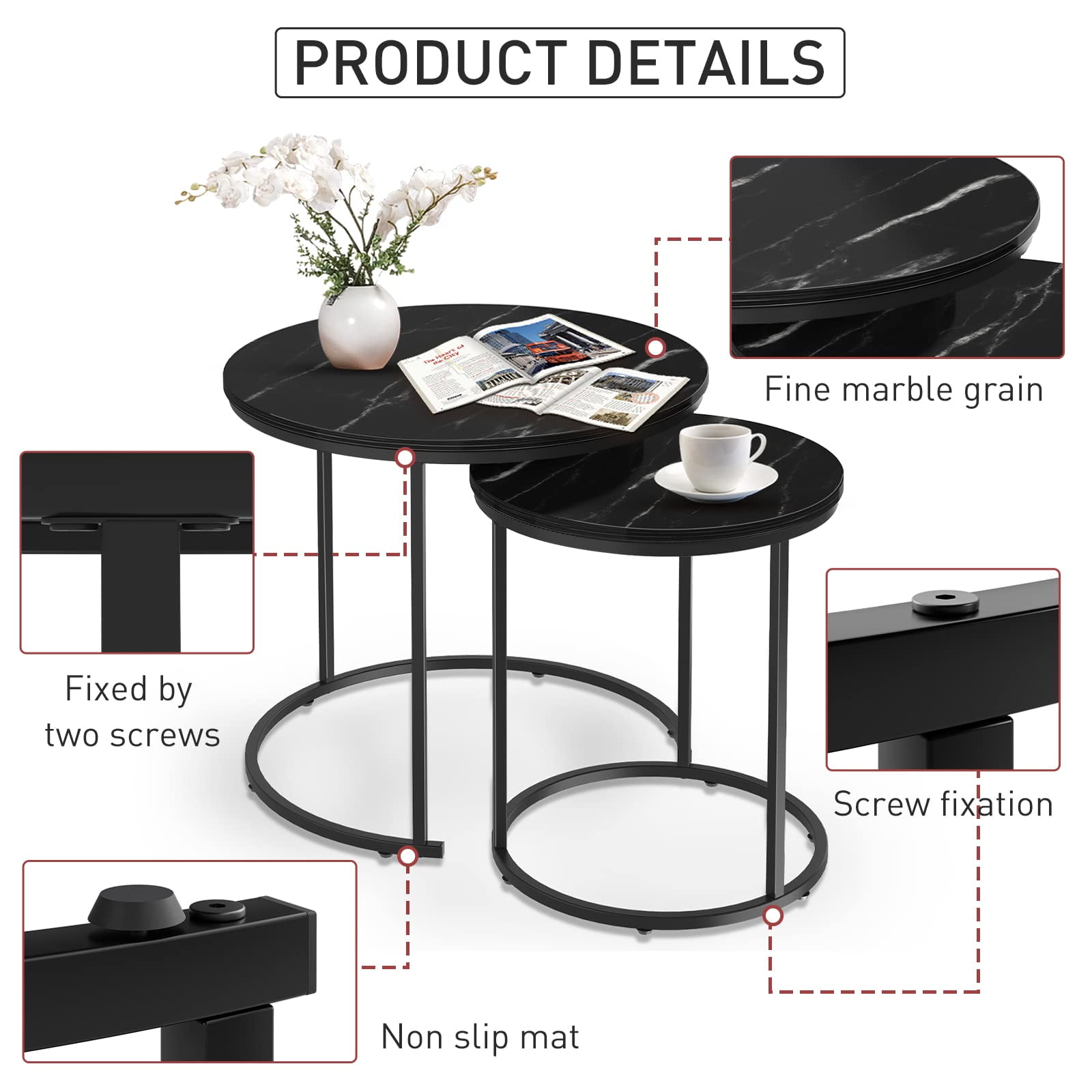 Black Marble Nesting Coffee Table for Small Place 24 in 2 Sets High Side End Sofa Table Nightstand Modern Furniture Living Room Cabin Bed Room Dining RoomGarden 4 You (Black Marble)