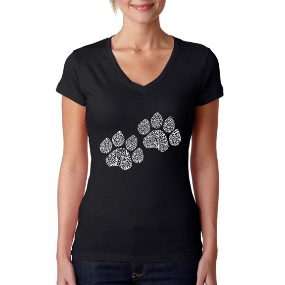LA Pop Art Women's Word Art V-Neck T-Shirt - Woof Paw Prints
