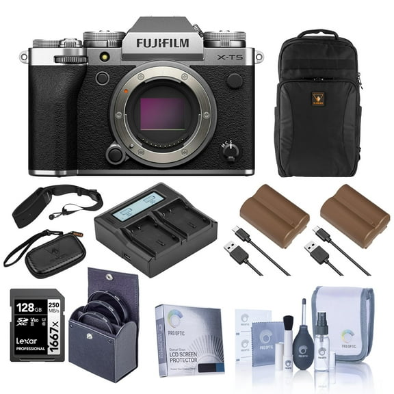 Fujifilm X-T5 Mirrorless Camera, Silver with XF 16-50mm f/2.8-4.8 R LM WR Lens, Bundle with 128GB Memory Card, Backpack, 2x Battery, Smart Charger, 2x Charger Plate, 58mm Filter Kit