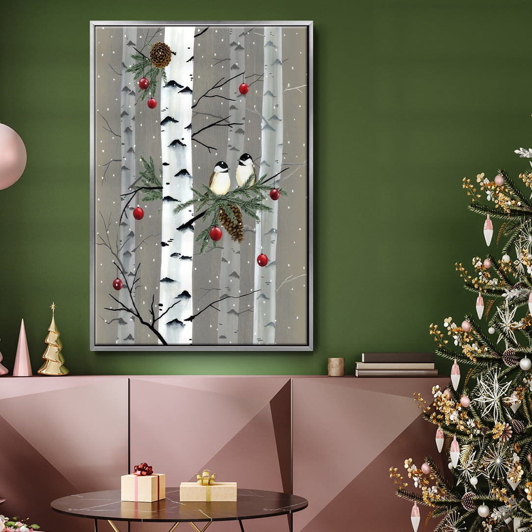 Birch Birds I - Framed Gallery Wrapped Holiday Canvas - 27 x 41 - Silver Frame
